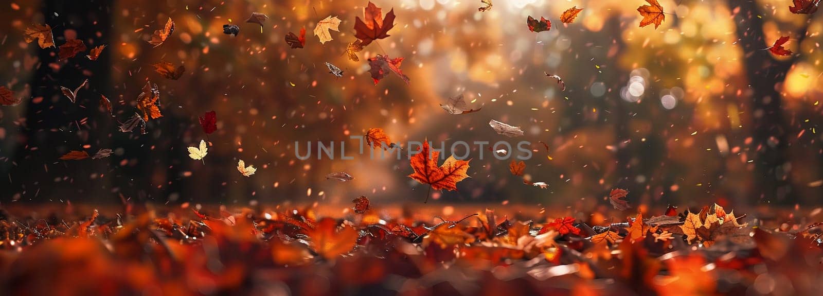 Golden autumn scenery in forest with colorful leaves falling from trees in warm sunlight, depicting seasonal change and nature's beauty.