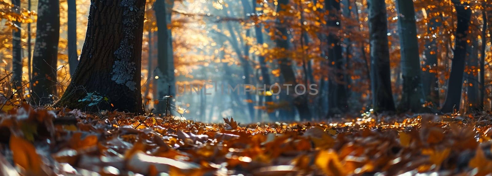 Warm sunlight bathes the golden leaves in this tranquil autumn forest landscape, capturing the essence of fall serenity.