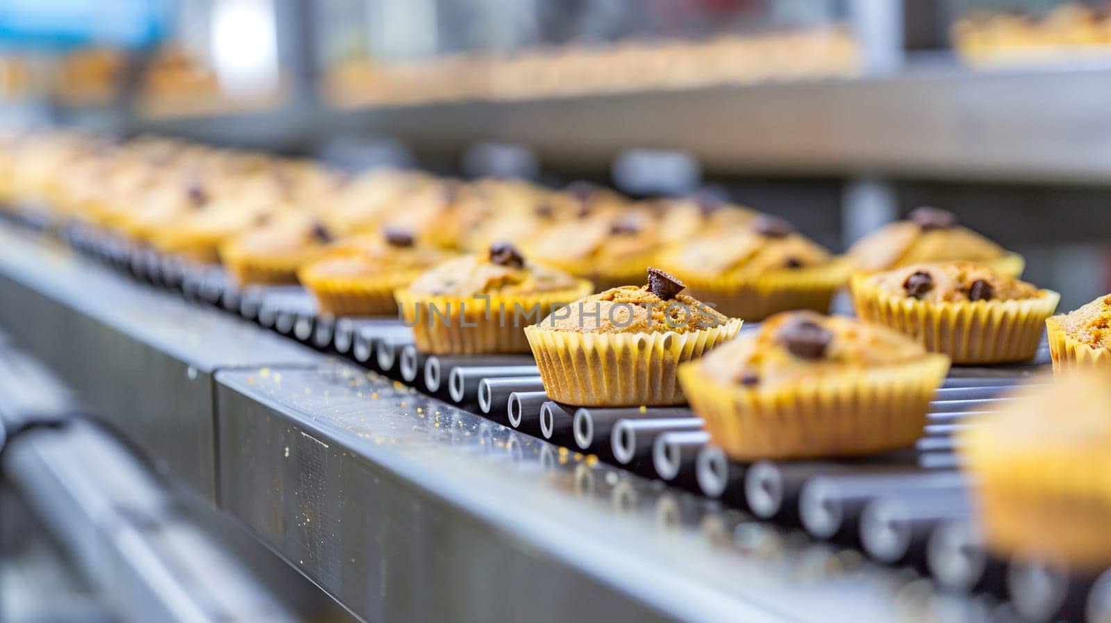 Industrial bakery production line with fresh baked muffins. Automated food manufacturing process with sweet treats on conveyor.