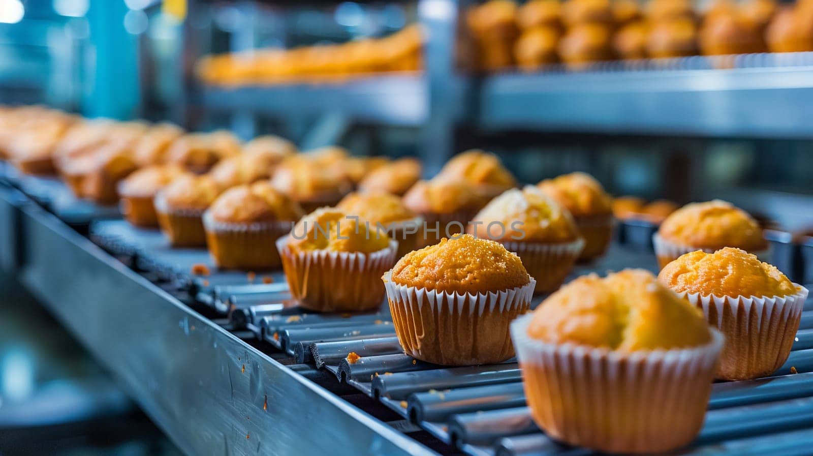 Close up of freshly baked muffins on conveyor in large scale bakery production. Manufacturing, food industry and automation concept captured in detail.
