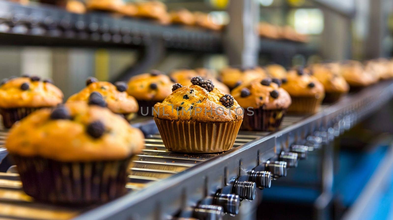 Industrial bakery production line with fresh baked muffins. Food factory, automated technology equipment, baking process, chocolate, business.