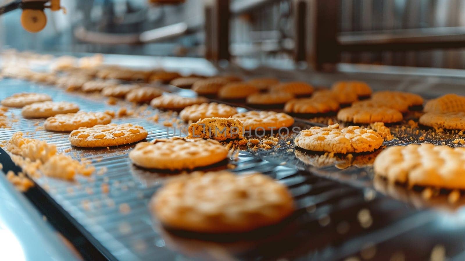 Close-up view of freshly baked cookies on industrial conveyor belt in food production facility, depicting automation and food industry concepts.