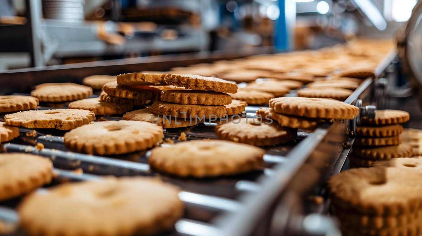 Close-up of freshly baked cookies moving on conveyor belt in an industrial pastry production factory, symbolizing mass production and food industry.
