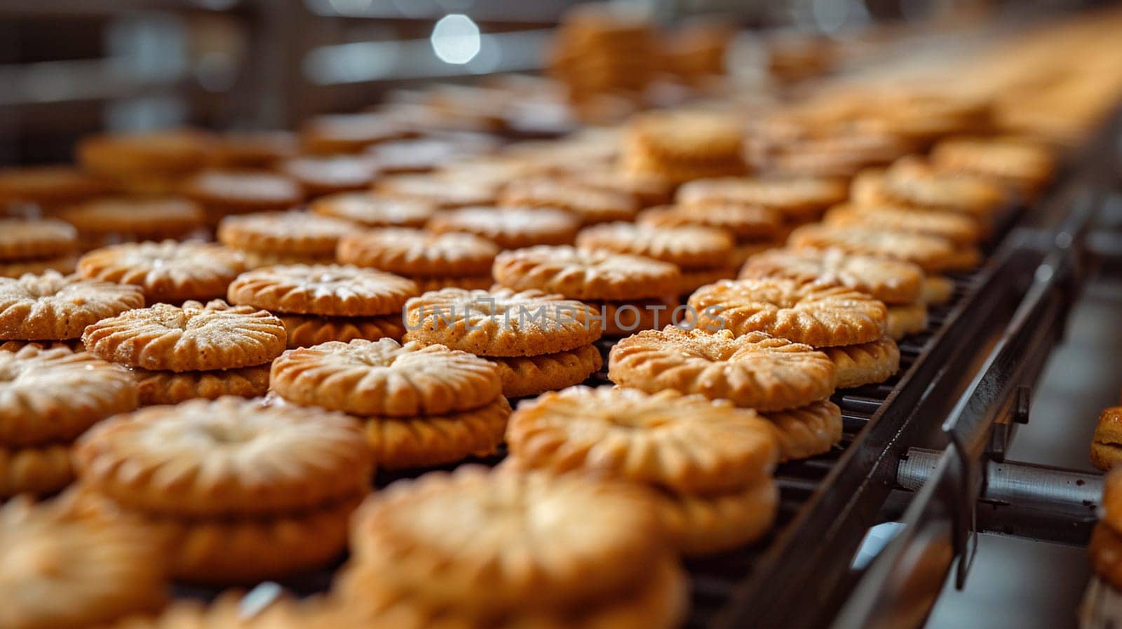 Golden cookies on industrial conveyor belt in food production line with warm tones showcasing manufacturing and mass production.