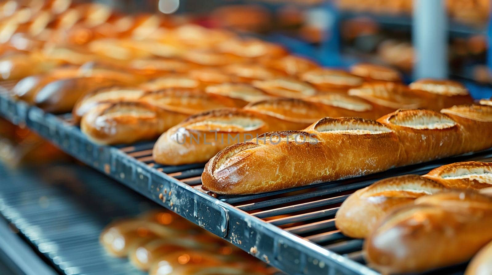 Close-up view of fresh French baguettes on production line in commercial bakery, concept of industrial food production.