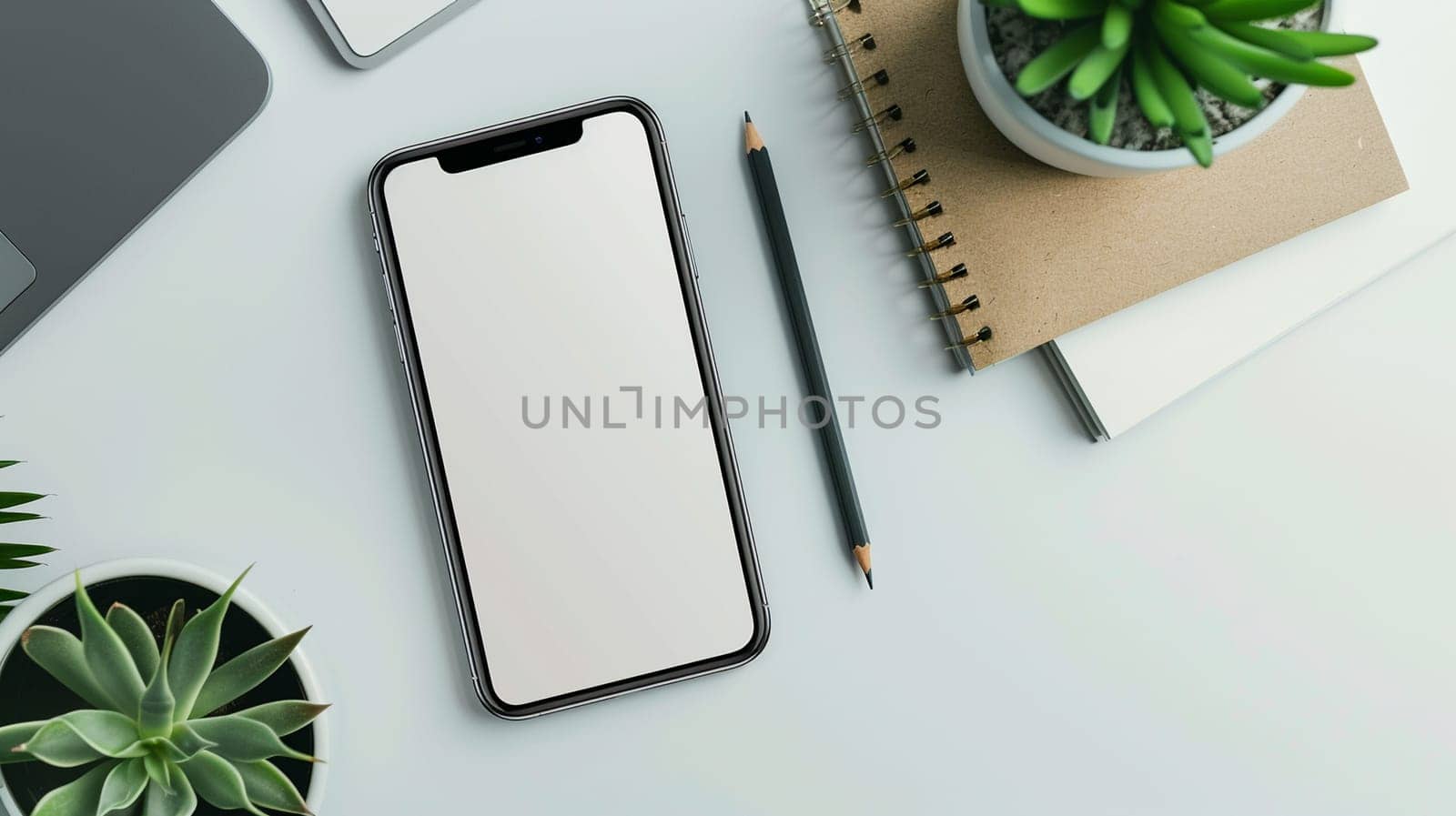 Minimalist workspace with smartphone mockup, potted plant, notebook, and pencil on bright desk surface for productivity and organization concepts.