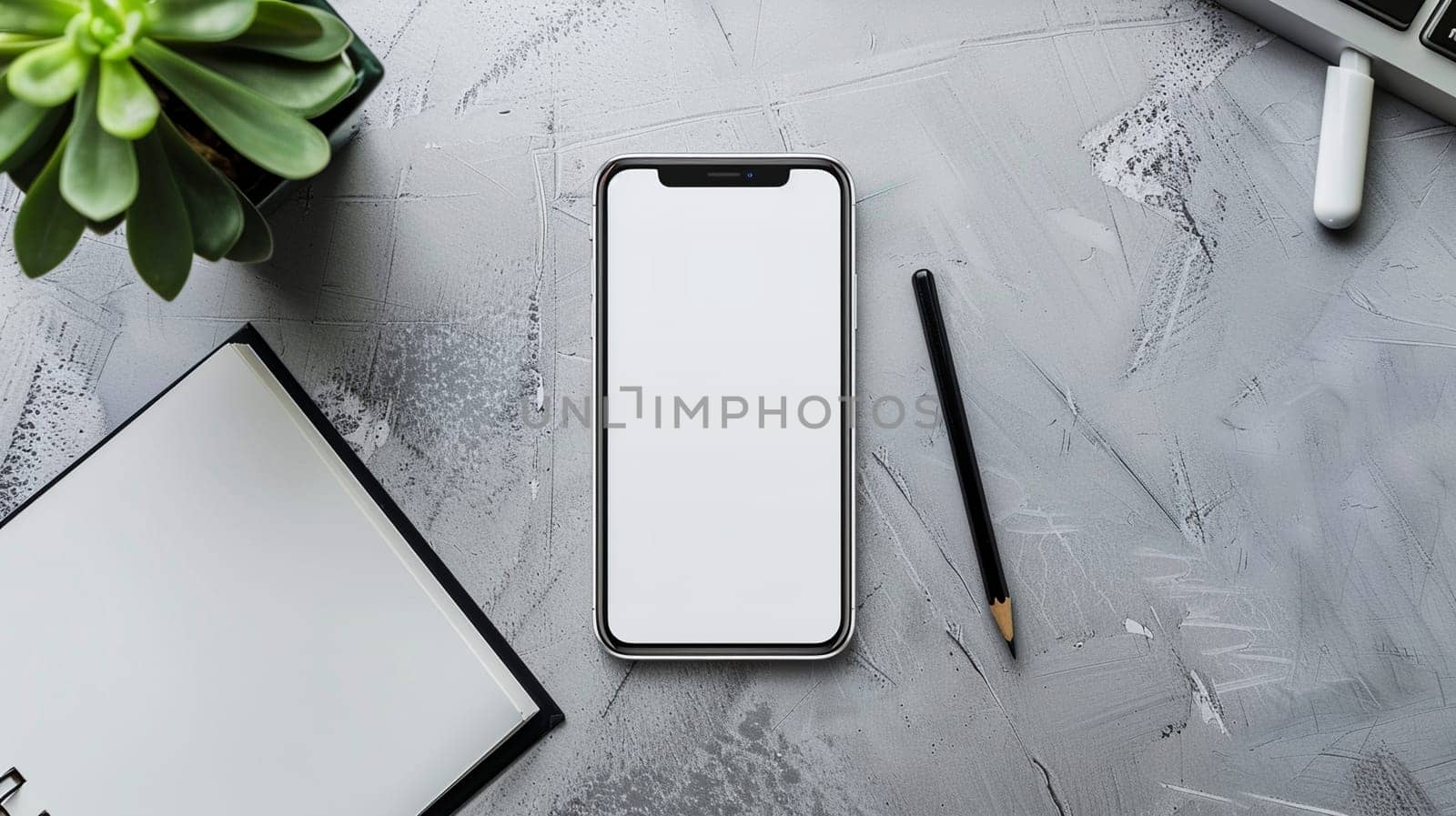 Smartphone mock-up lies on textured desk surface near stationery, green succulent, and blank notepad, creating minimalist workspace scene.