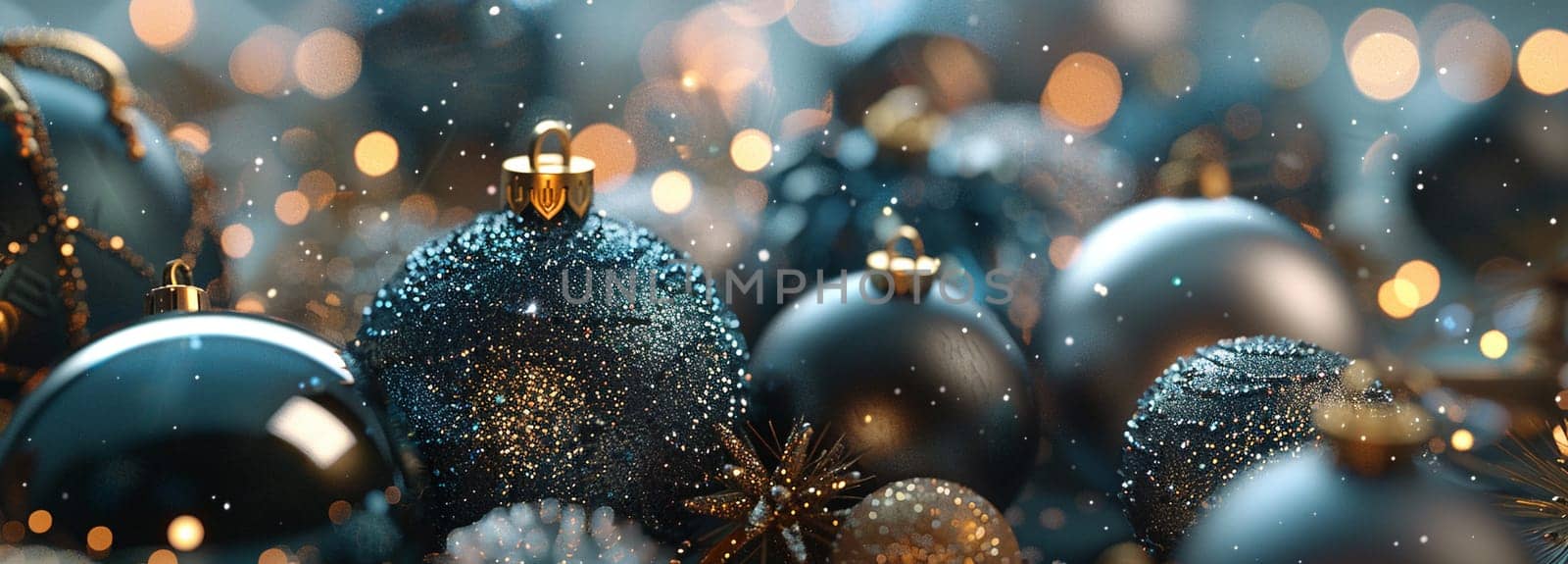 Close up of sparkling Christmas ornaments in snow-covered winter landscape, conveying holiday cheer and festive decoration.