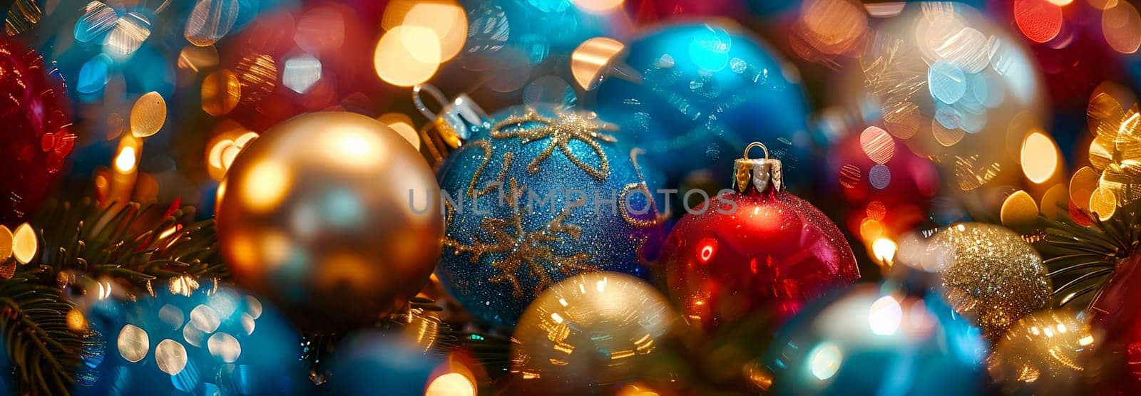 Vibrant Christmas ball ornaments nestled among pine branches against glittering festive bokeh light background