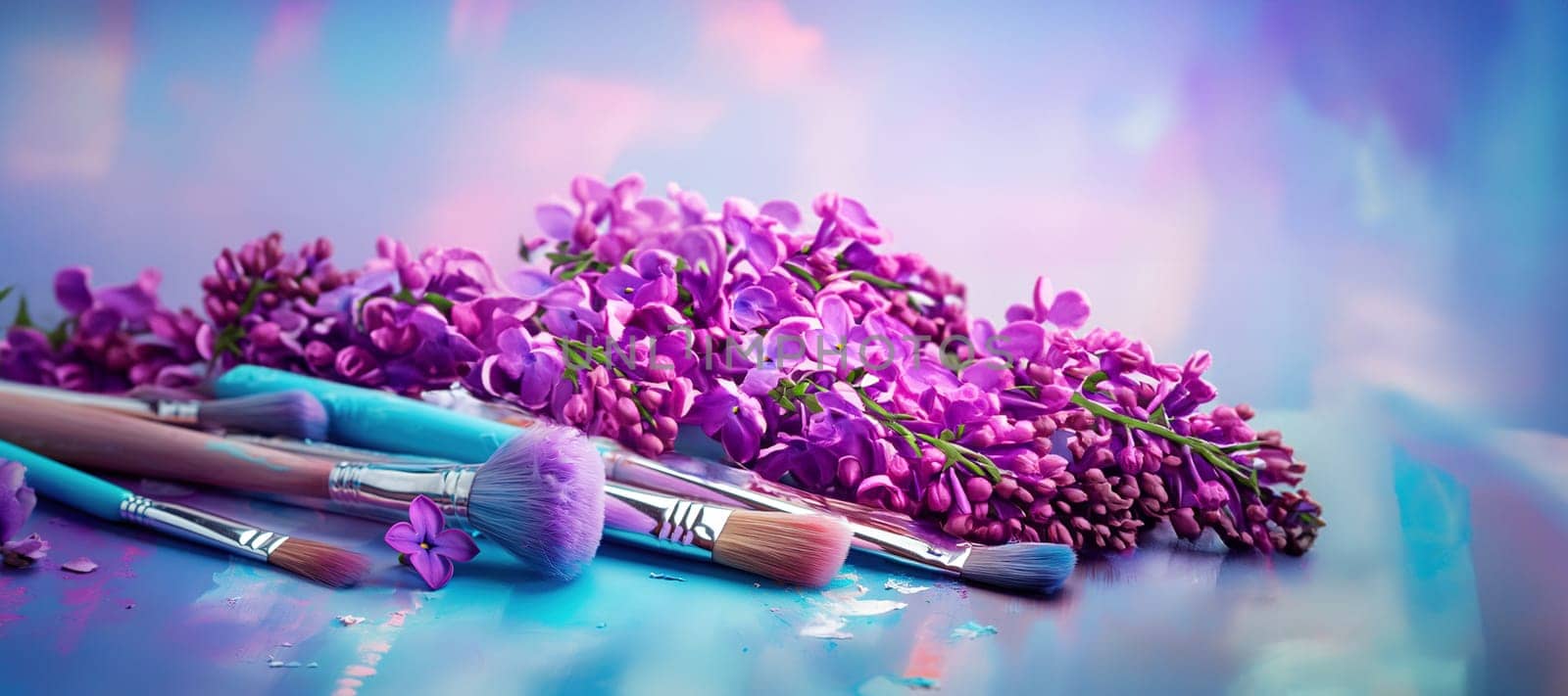 bright painting in lilac-turquoise tones with a blooming branch of purple lilac and a brush in paint on the table, the beauty of flowering plants for a still life, Generated AI