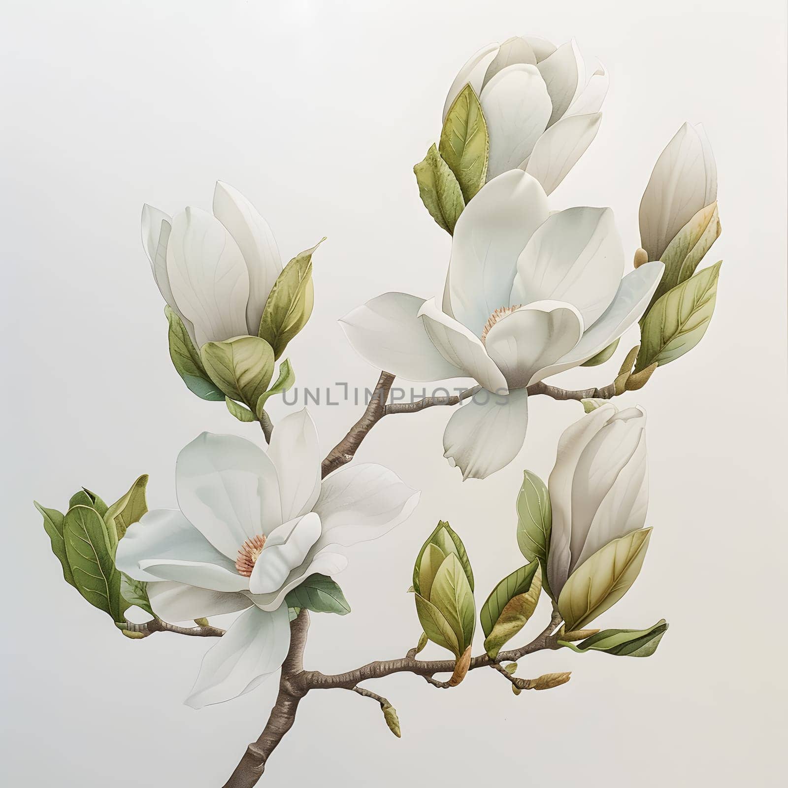 A branch of a flowering plant with white petals and green leaves, resembling a delicate painting. It is often associated with funerals and symbolizes renewal and beauty