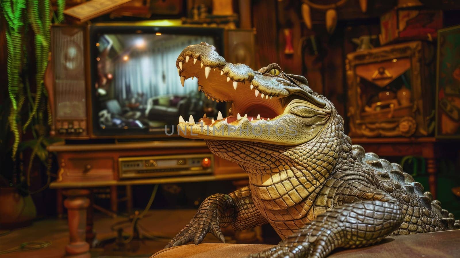 A Crocodile is wearing a suit and tie while sitting in front of a television. Its jaw, fangs, snout, and scaled reptile features are visible AI