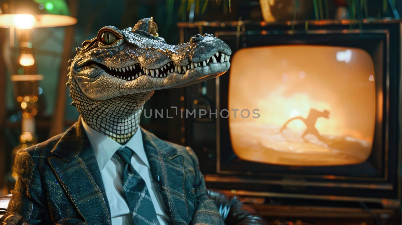 A suited crocodile with sharp fangs is watching TV with its jaw wide open by natali_brill