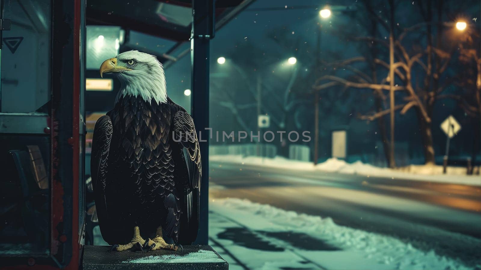 Bald Eagle stands majestically on a bus stop by natali_brill