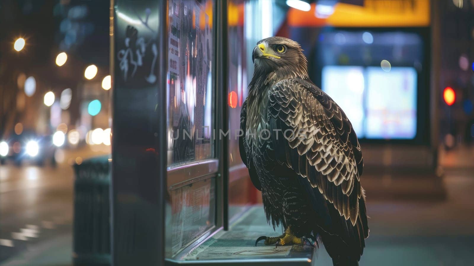 Bald Eagle stands majestically on a bus stop AI