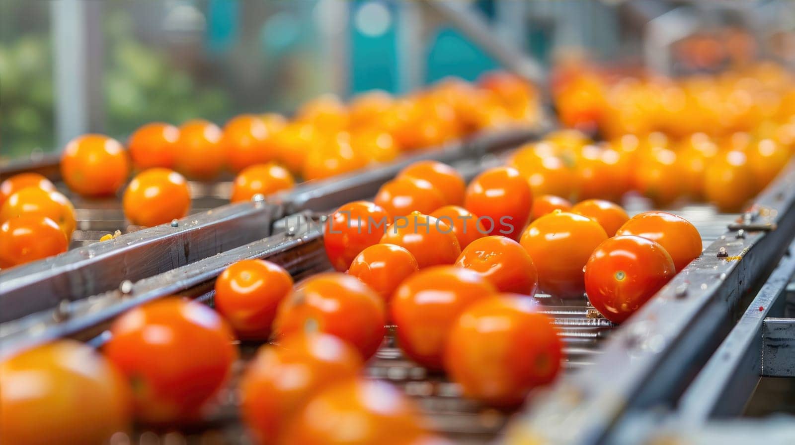 Plum tomatoes are being processed on a conveyor belt in a food factory to become ingredients for various recipes and cuisines AI