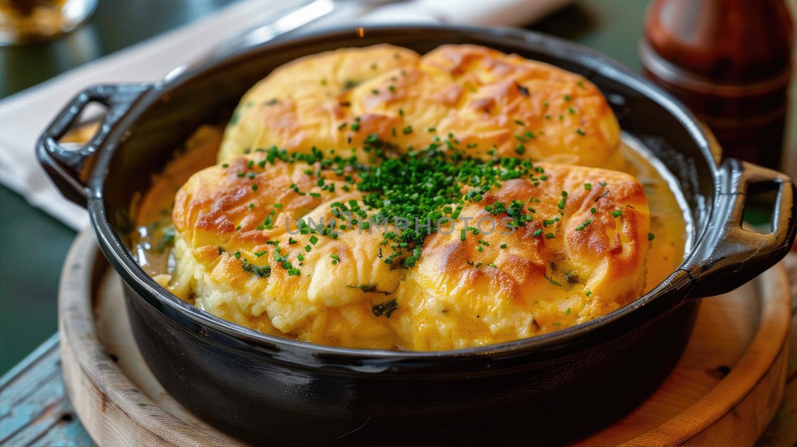 A skillet filled with a savory casserole, creating a delicious and comforting dish perfect for any meal time AI