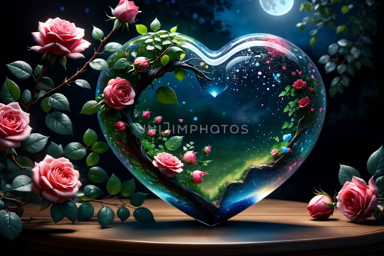 red rose in glass heart, love concept .