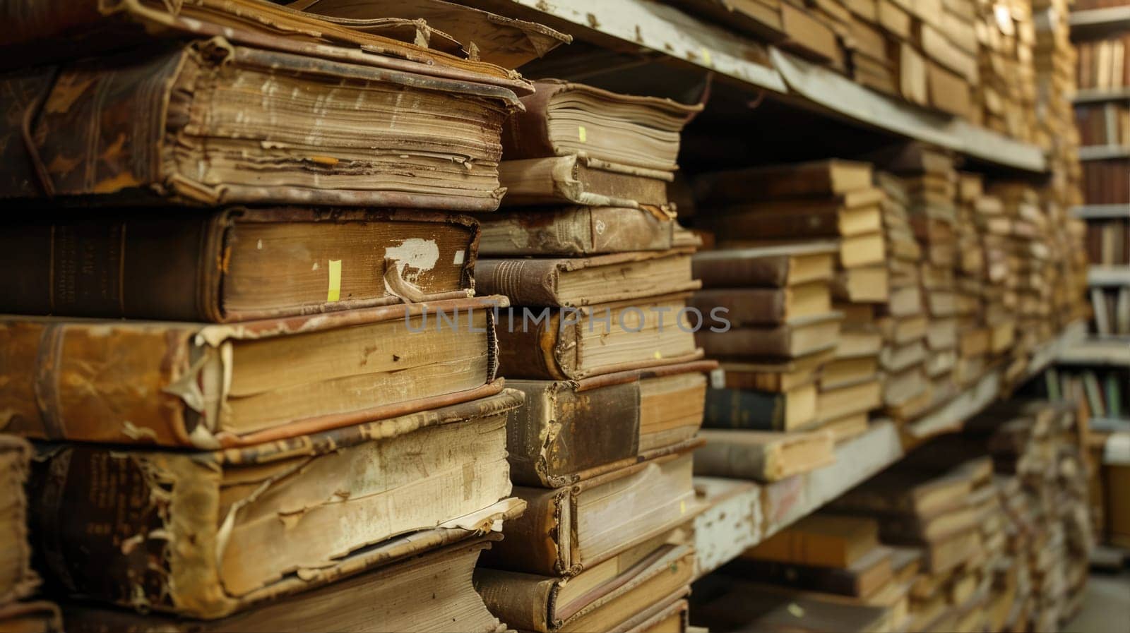 Shelves with a lot of retro books. Books are scattered in a chaotic order. Library or bookstore AI