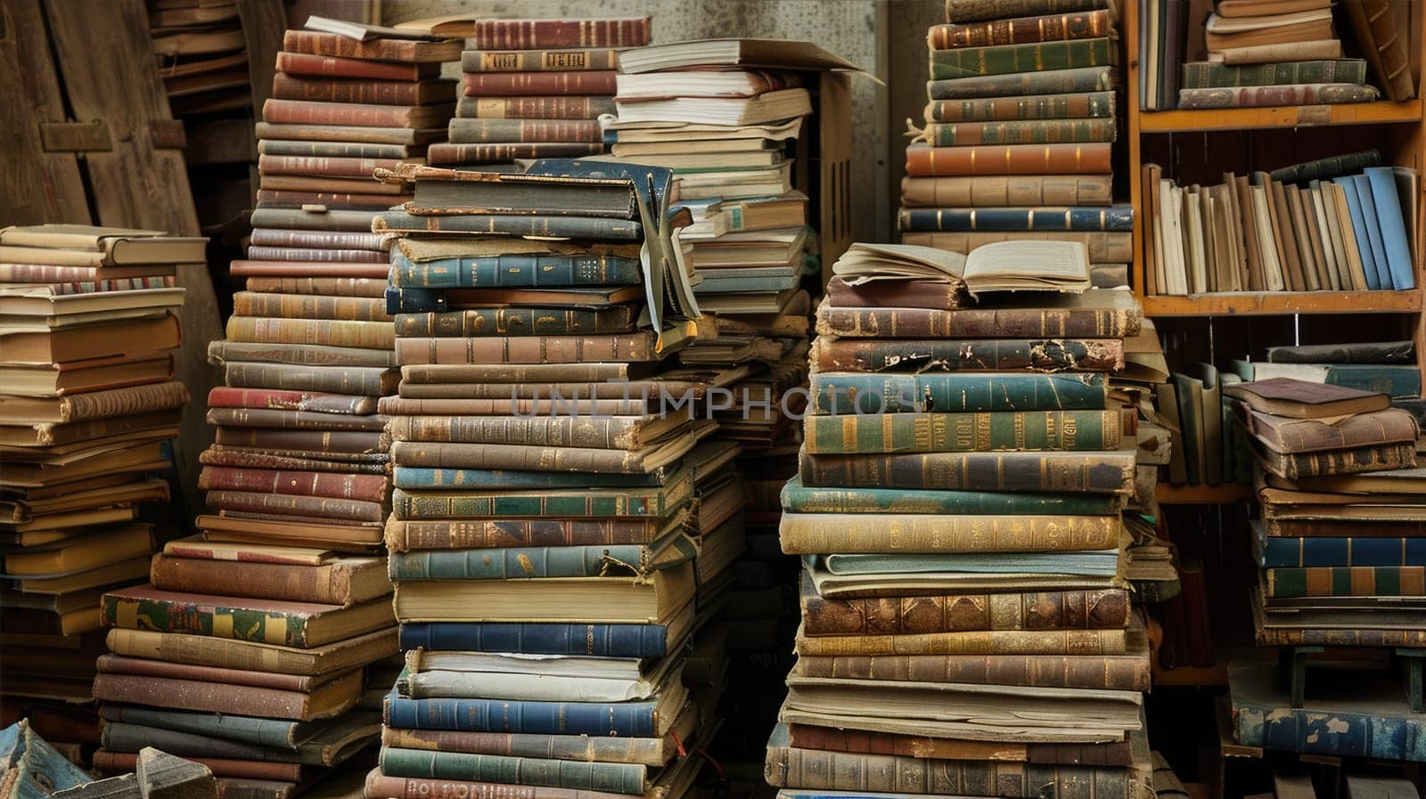 Shelves with a lot of retro books. Books are scattered in a chaotic order by natali_brill