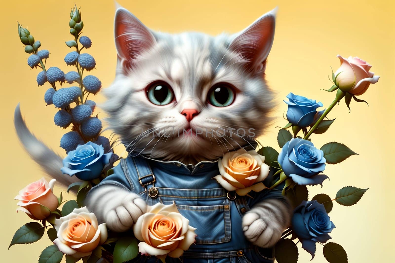 cute cat with a bouquet of roses .