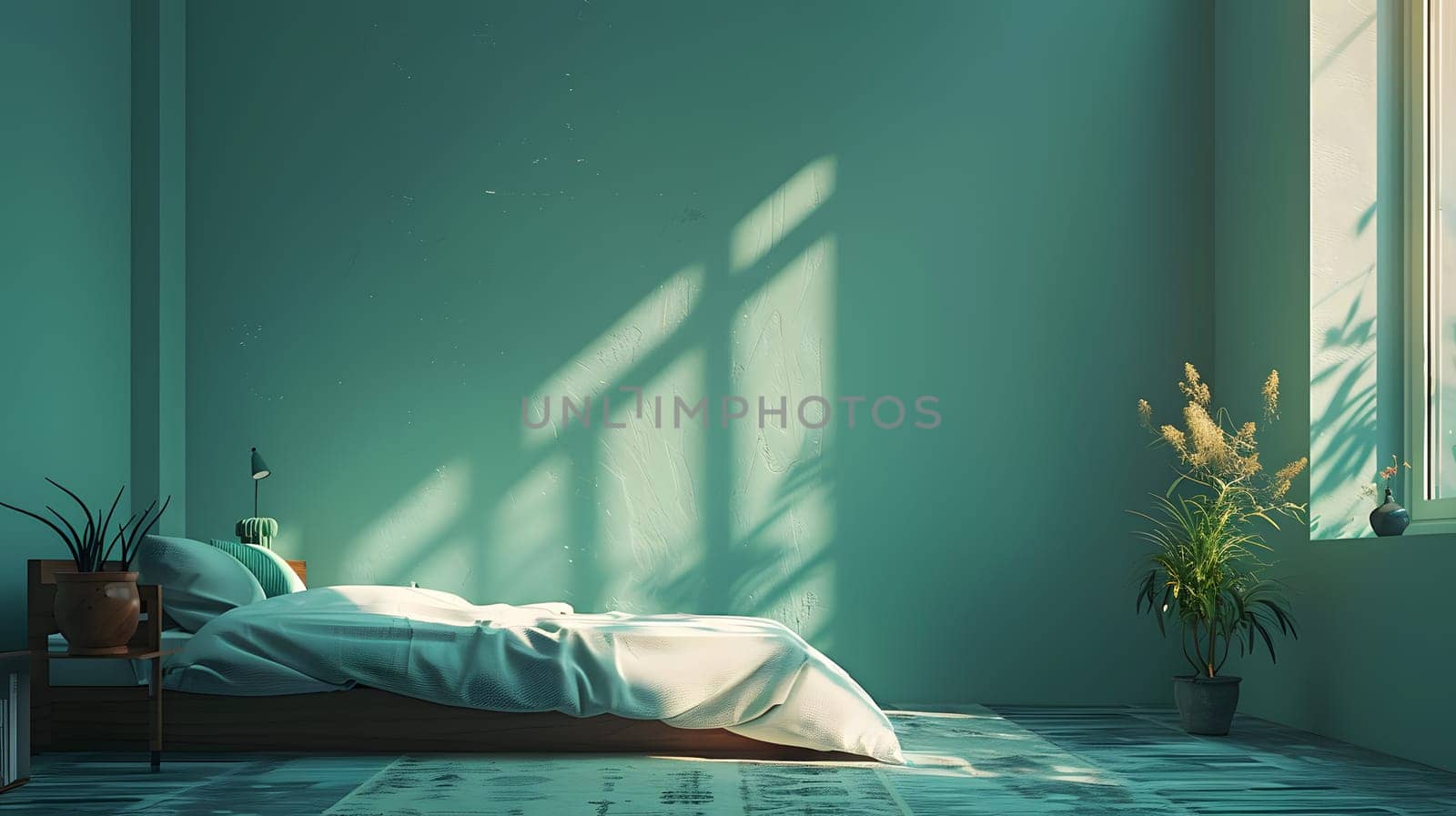 Aqua bed with electric blue linens in a building with a plant, window shadow by Nadtochiy