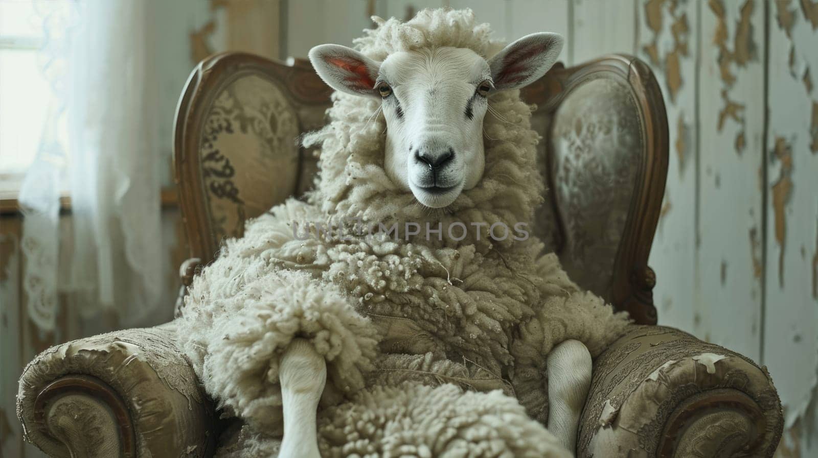 A sheep is sitting in a chair AI