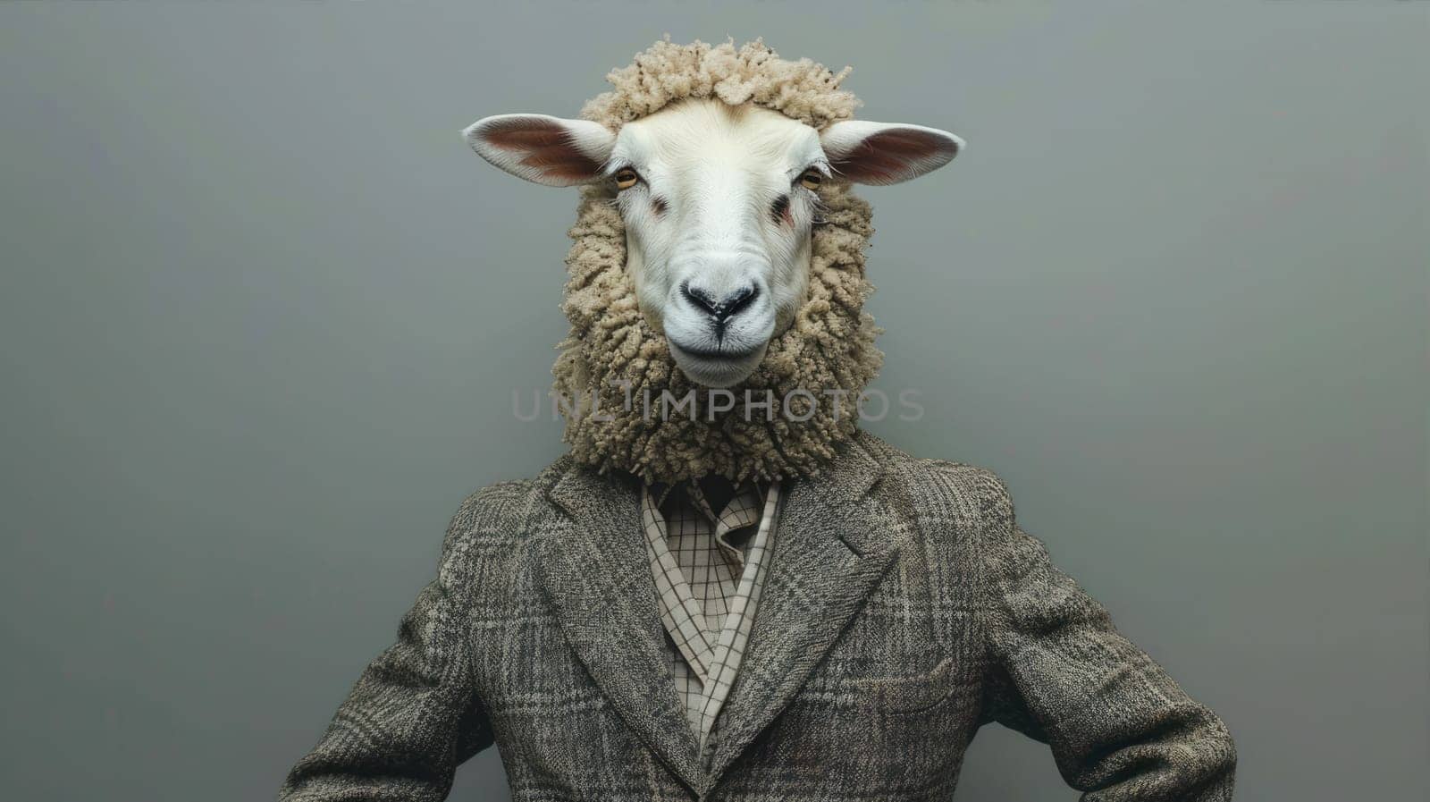 A sheep sits on a pile of wool in a pasture, its fur and snout visible as it gazes at the camera AI