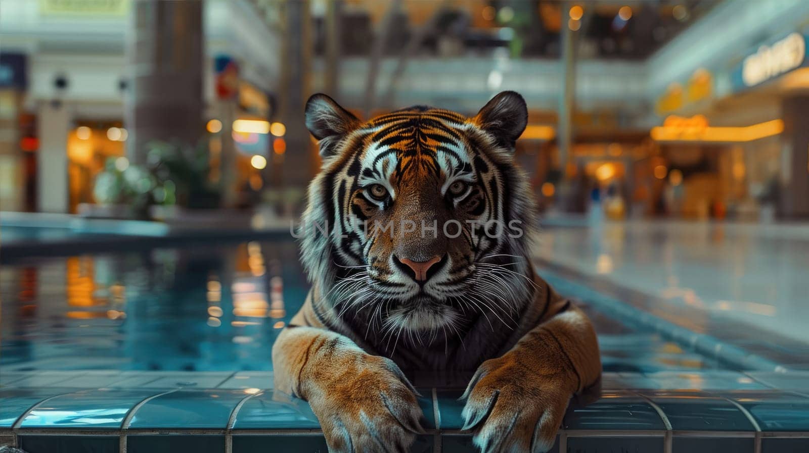 Bengal tiger is resting by the water at a mall pool AI