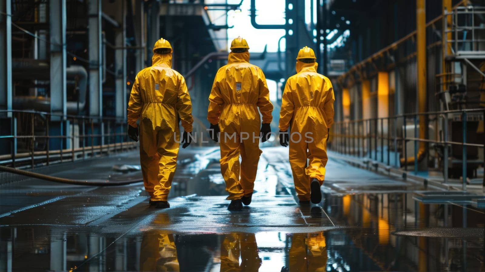 Workers in yellow hazmat suits walking down a hallway by natali_brill