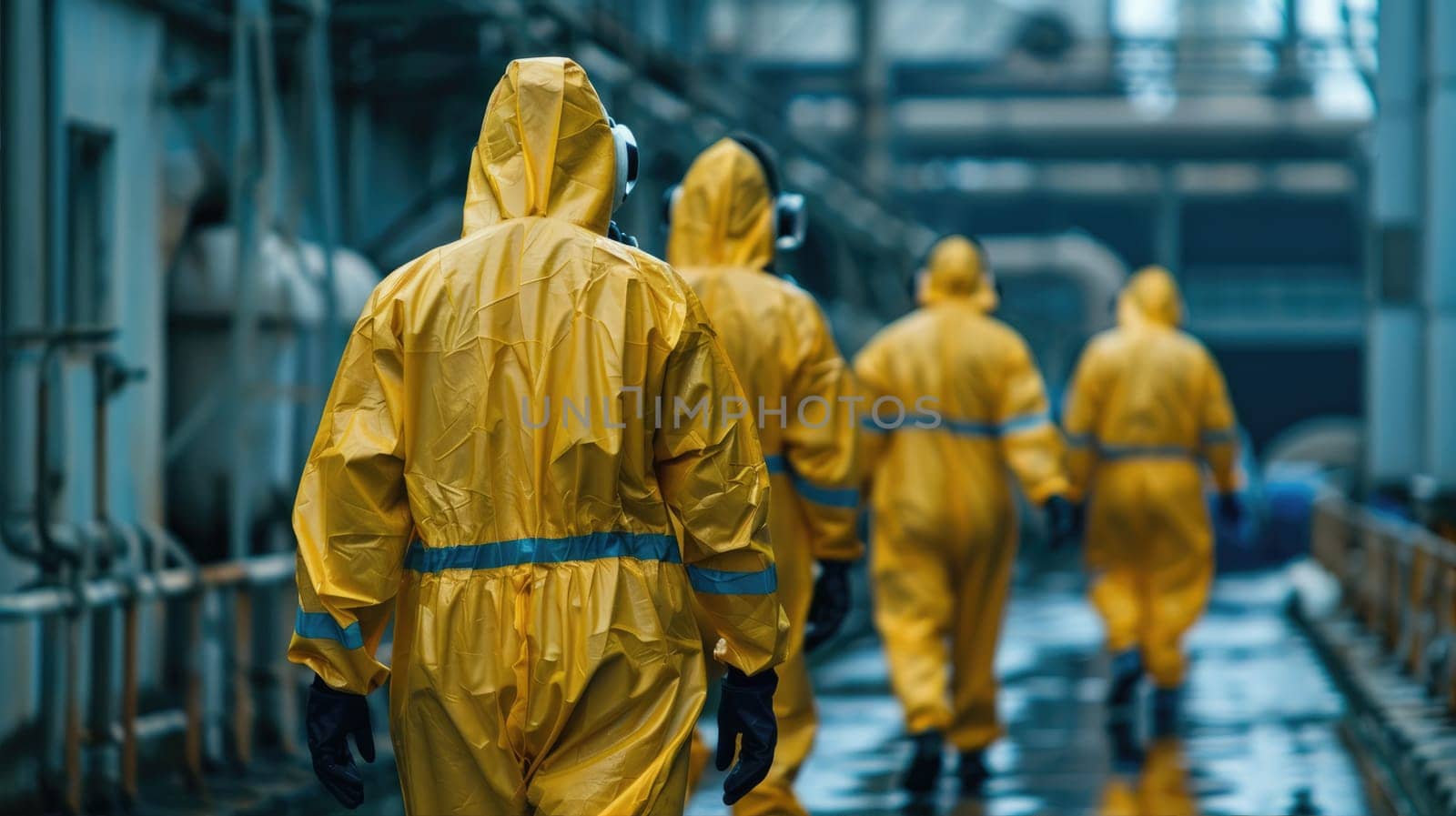 A team wearing yellow hazmat suits makes their way down the hallway, prepared for any hazardous conditions that may arise during their mission. AI