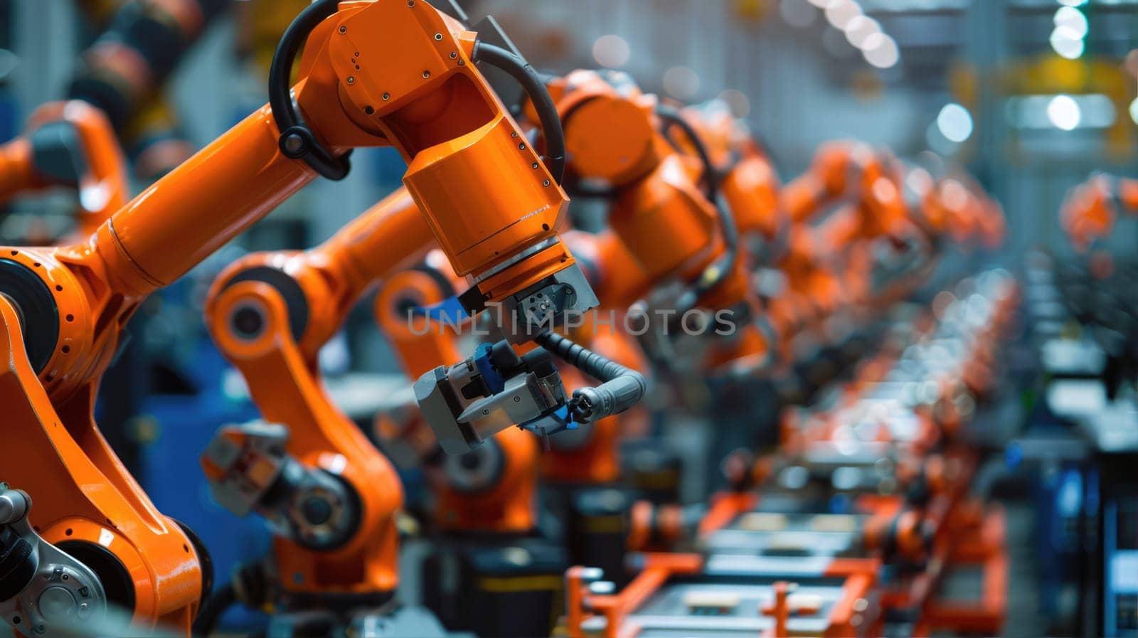 A row of robots are efficiently working in an engineering factory AI