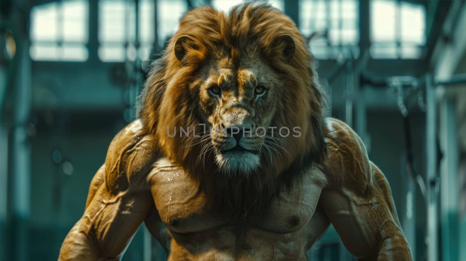 A muscular lion is standing in a gym surrounded by metal equipment by natali_brill