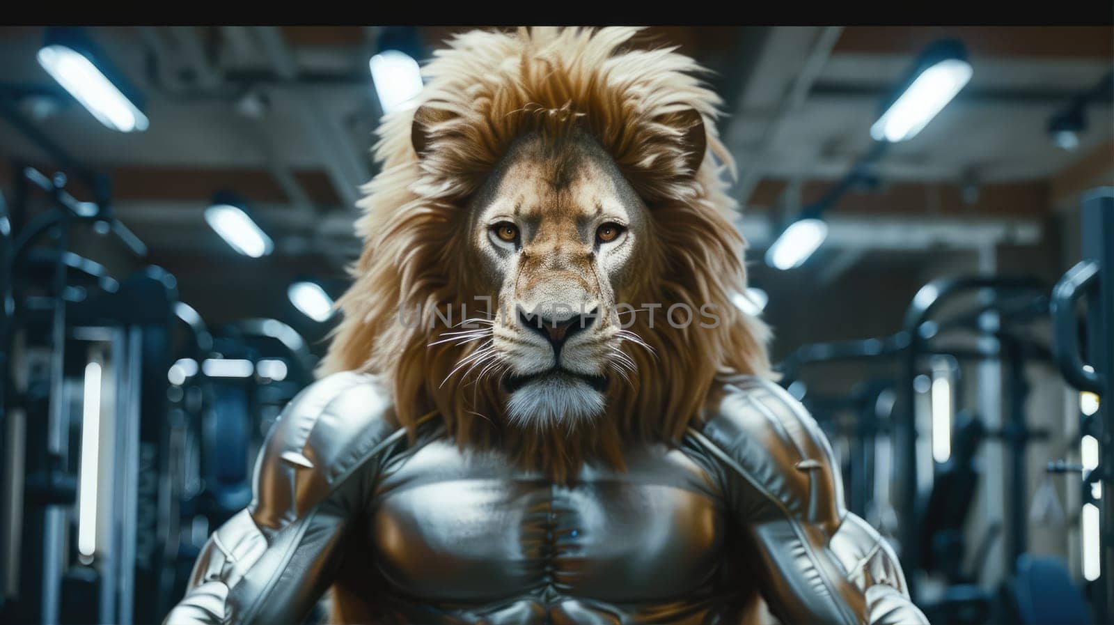 A muscular lion is standing in a gym surrounded by metal equipment AI