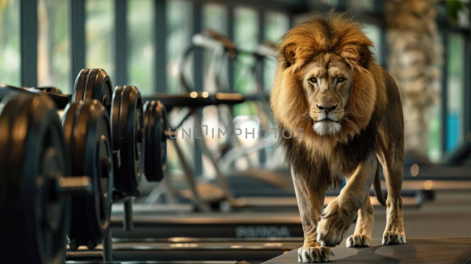Lion in a gym surrounded by metal equipment AI