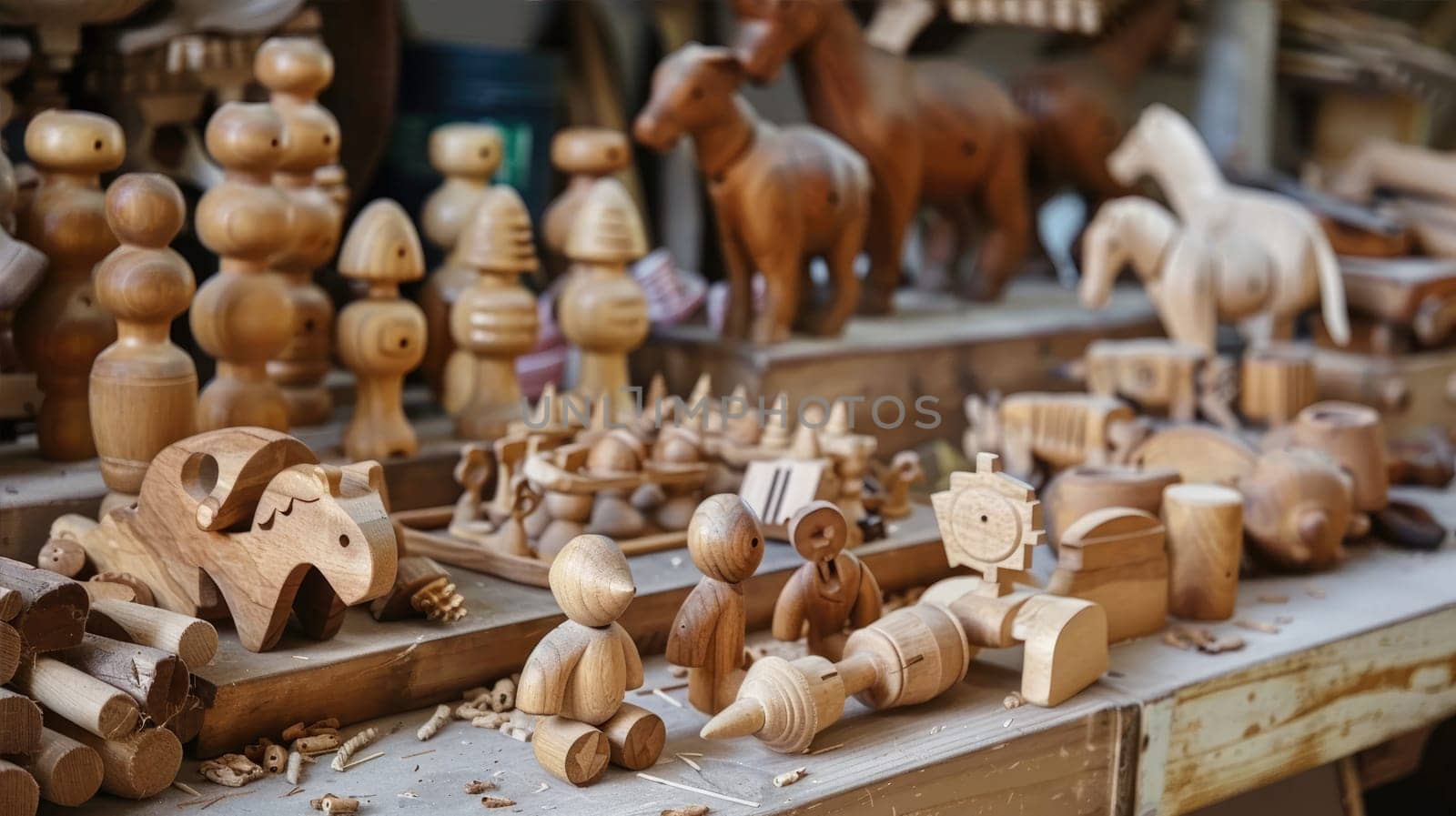 A table filled with wooden elements for toys by natali_brill