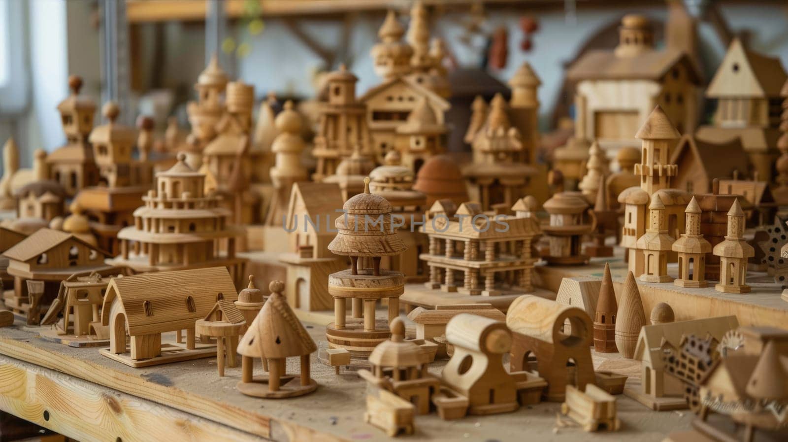 A table filled with wooden elements for toys. Handmade toys production in workshop AI