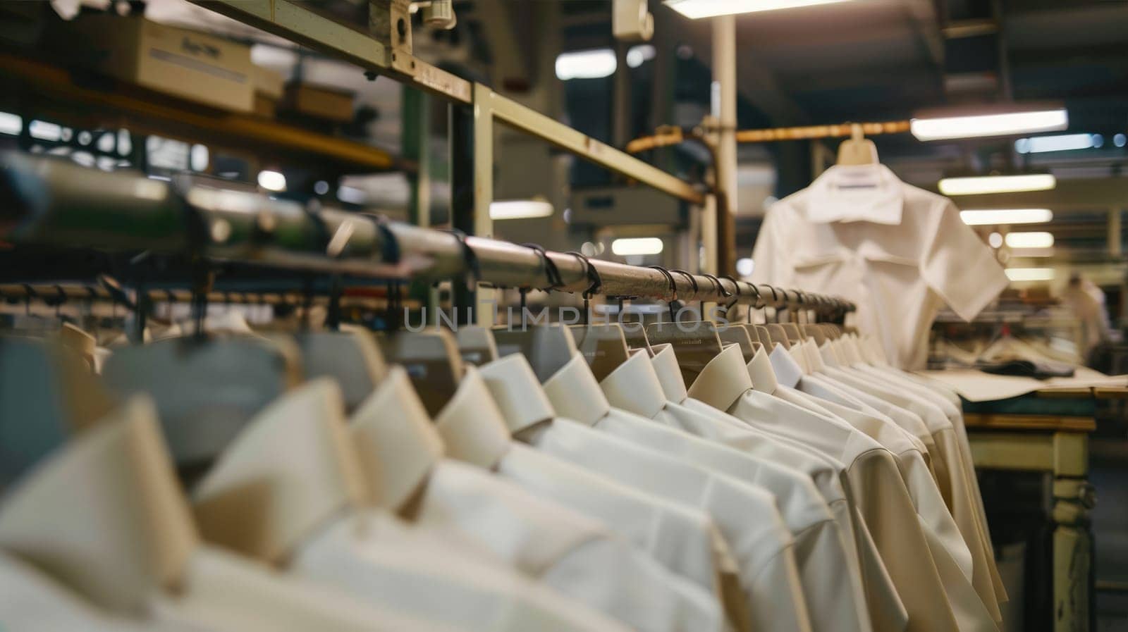 A variety of shirts are displayed on racks in a factory warehouse, showcasing the mass production process using machines and engineering techniques AI