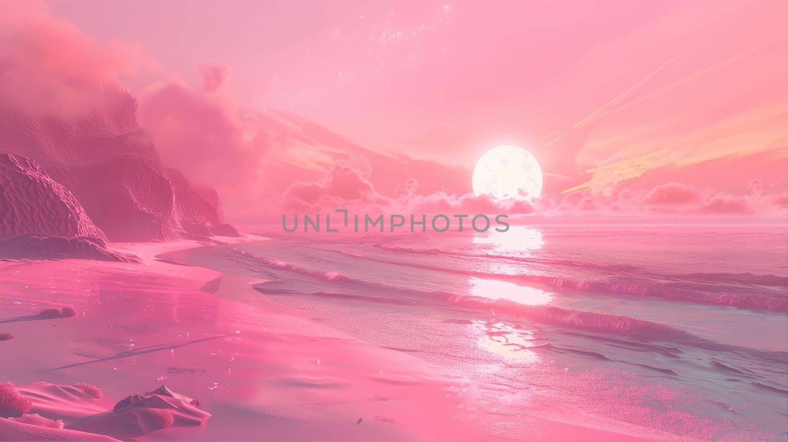 Pink sunset over a beach with water, atmosphere, sky, clouds, and coastal landforms AI