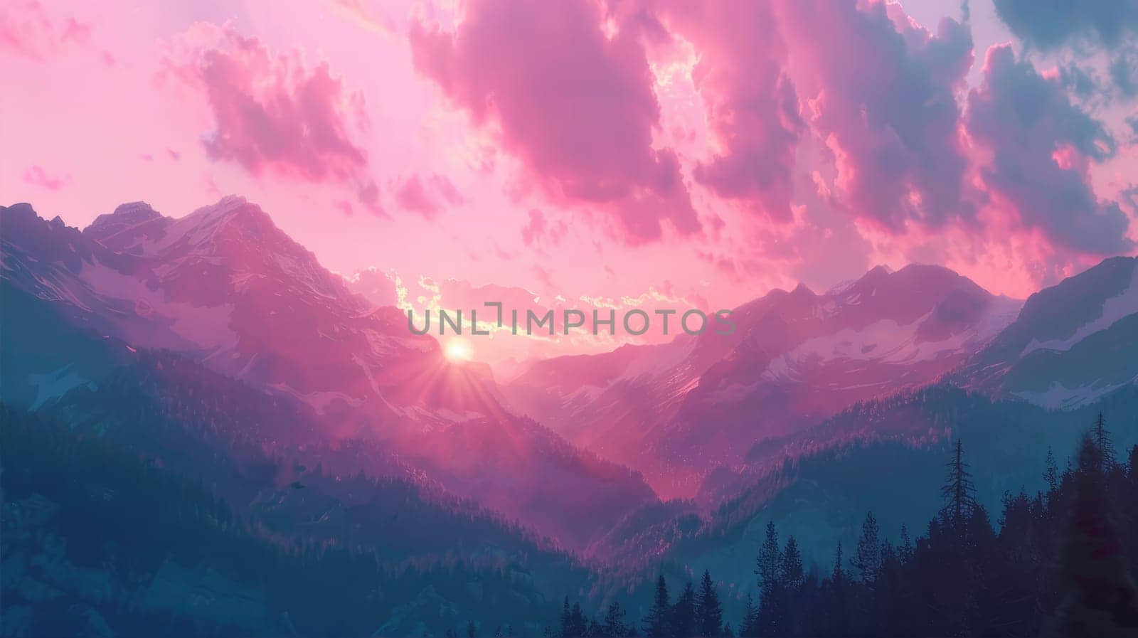 The sun is peeking through the clouds, casting a purple afterglow over the mountains in the ecoregion, creating a stunning natural landscape during dusk AI