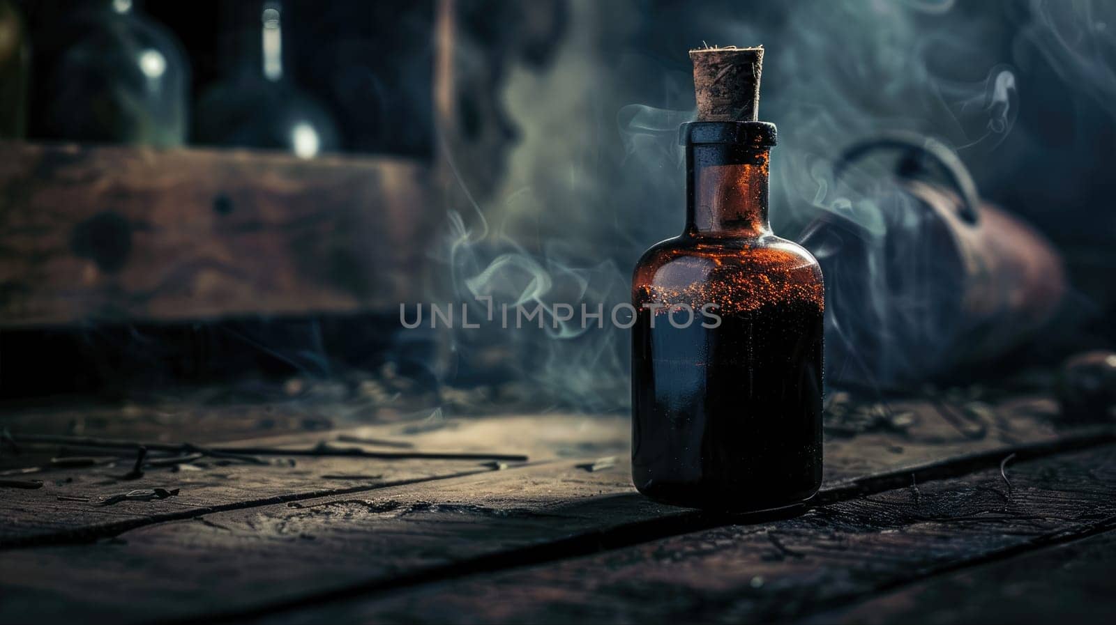 A glass bottle with smoke coming out of it sits on a wooden table. Potions and witchcraft concept