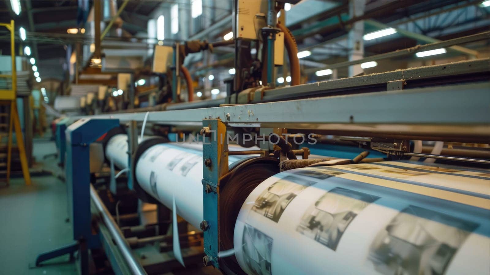 Large format printing machine in operation. Production and printing of large format banners. Printing on a production scale. AI