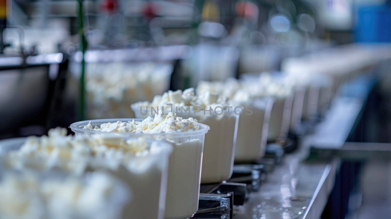 Plastic cups filled with cottage cheese on a conveyor belt in a food factory by natali_brill