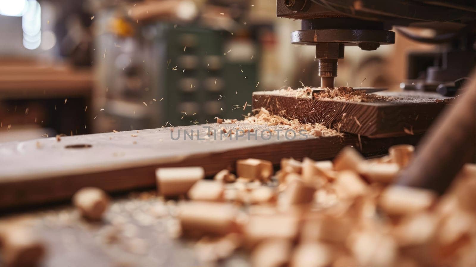 A machine cuts wood on a track in a workshop closeup. Making wooden elements for furniture in a workshop AI