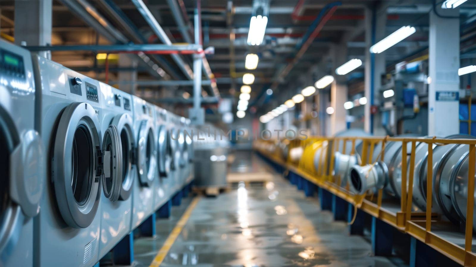 Row of washing machines in a laundromat or the production of large household appliances in a factory. AI