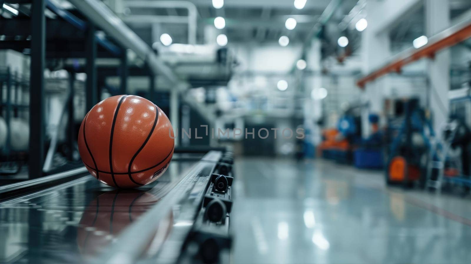 A basketball is being transported on a conveyor belt in a factory, ready to be used in a basketball game. AI