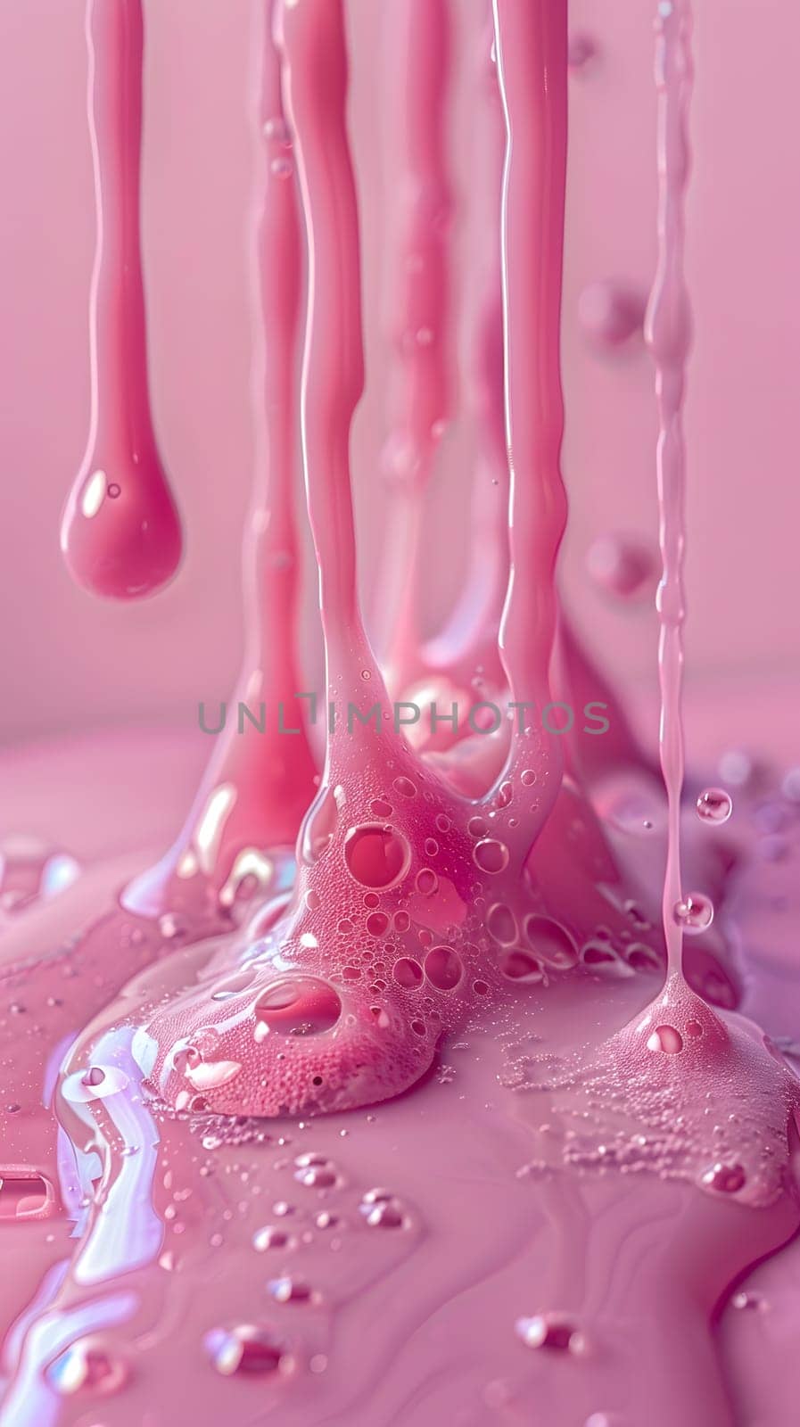 Close up of pink liquid dripping onto a pink surface, resembling a fluid art masterpiece. The colors merge beautifully, creating a stunning visual display