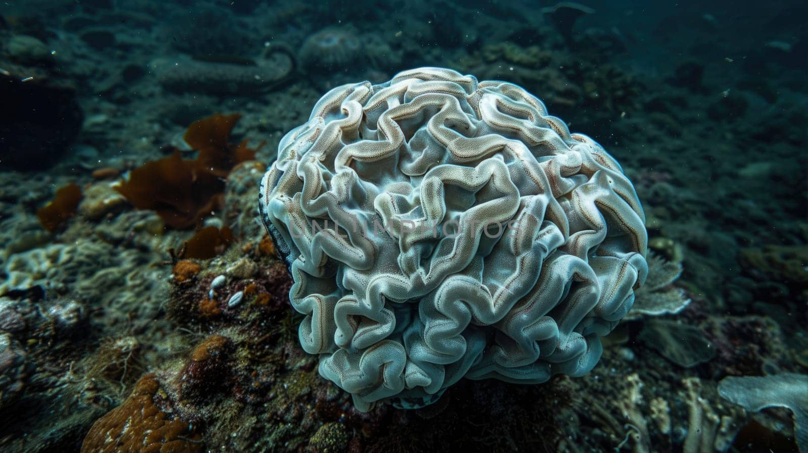 The organism resembling a brain found in coral reefs underwater is a large coral, a vital component of marine biology AI