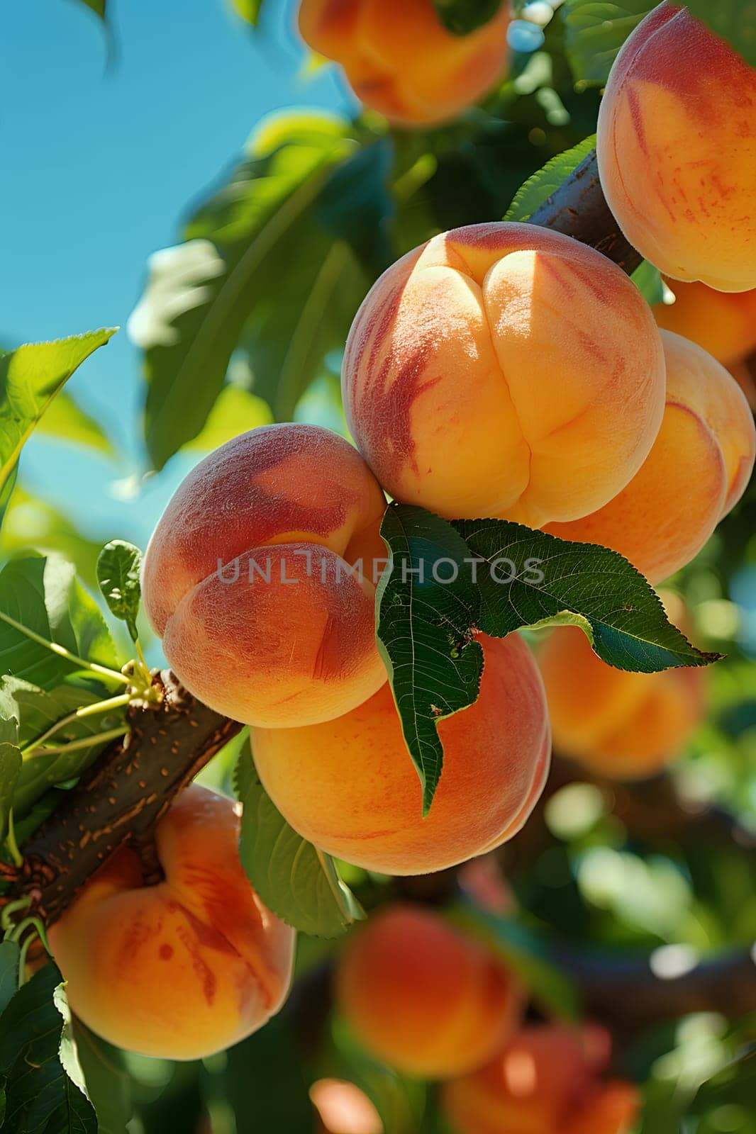A cluster of ripe peaches dangle from a flowering peach tree branch. The vibrant petals and green leaves create a colorful contrast against the orange fruits