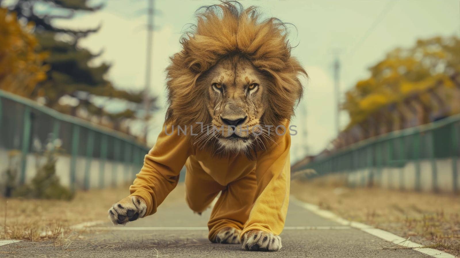A lion in a yellow prisoner suit escapes from prison along an asphalt road AI